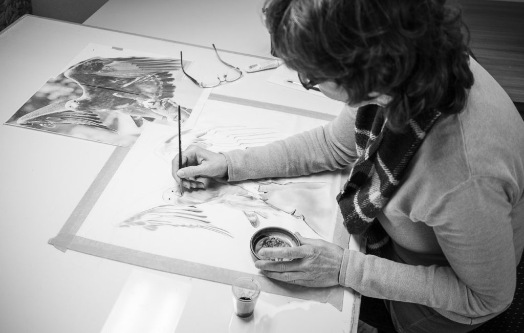 Andrea Jansen malt einen Greifvogel auf Seide