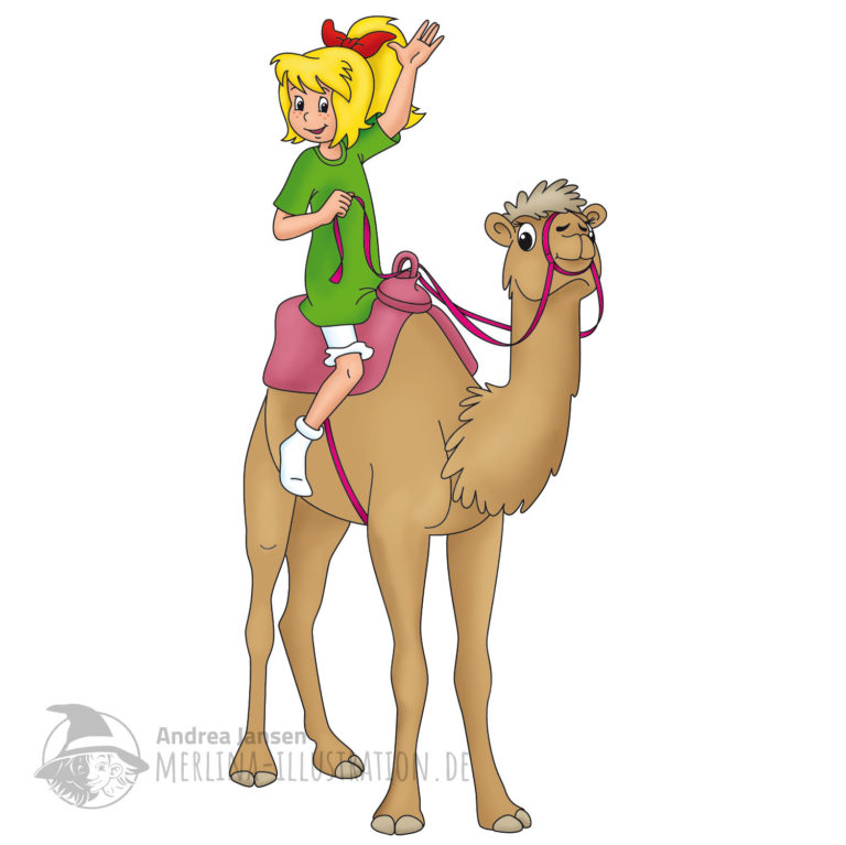 Bibi Blocksberg sitzt winkend auf einem Kamel.