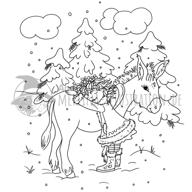 Prinzessin Lillifee steht mit Esel im Schnee und legt ihren Kopf auf seinen Rücken. Es fallen Schneeflocken..